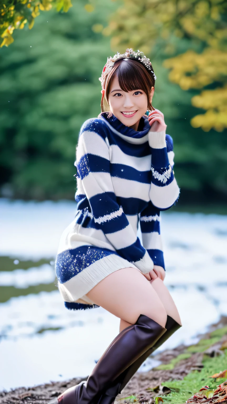 (realistic, photo-realistic:1.4), (extremely detailed 8k wallpaper), sharp focus, bokeh, detailed beautiful eyes and skin, (Image from thighs to head:1.3), Canon R5 50mm, (Japanese idol:1.4), 25yo, beautiful woman, smile, large breast, Casual striped sweater dress with knee-high boots, Cozy, Effortless, Countryside cabin, Falling snowflakes,