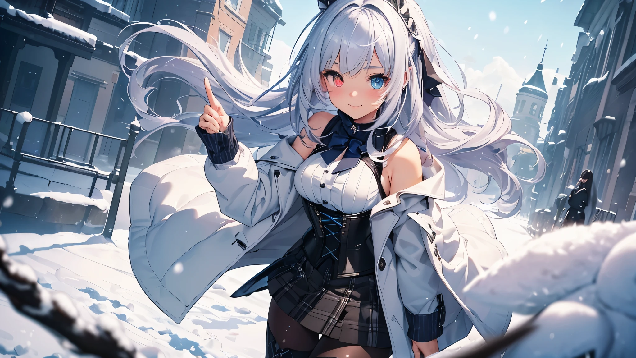 highest quality、photorealistic、super detail、delicate、orderly、high detail、bluish silver ponytail、(droopy iris of heterochromia,glowing eyes:1.4)、、10 years old、big smile、slender、full body、blurred background、(1 girl:1.2)、game CG、dynamic angle、ambient occlusion、ambient light、raytraced reflections、glow、shining hair、(The girl is pointing here、girl in the snow,white high neck sweater、navy check corset skirt、wool coat、black tights、black boots、girly fashion:1.3)