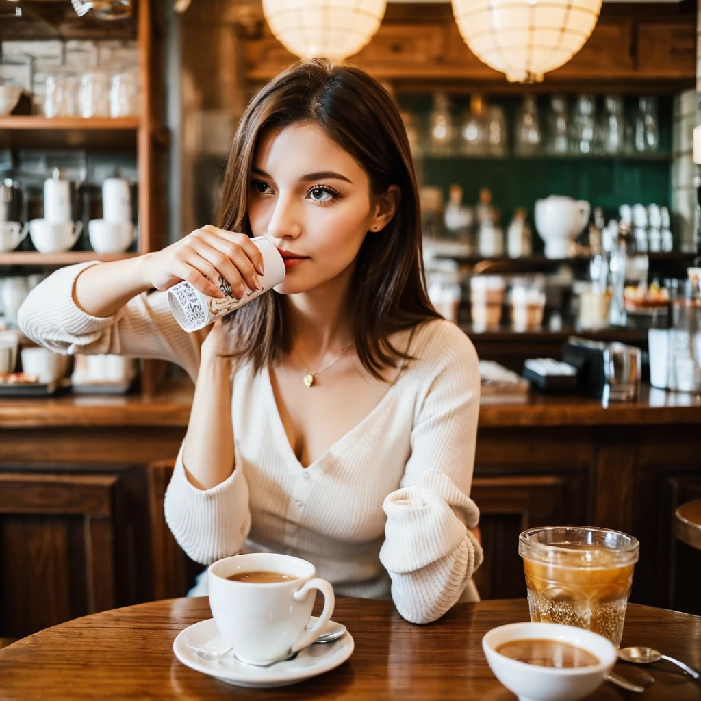 Beautiful Russian woman、Drinking coffee in a café、crowded russian cafe