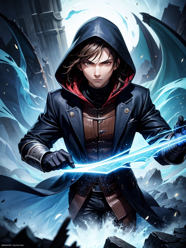 ultra HD 8k best quality,ultra-detailed,realistic:1.37,portrait,dark fantasy,anime,solo leveling,heroic character, one boy,Brown eyes, Brown hair, overcoat with hood, sharp focus,magical powers,mysterious aura,dynamic pose,threatening expression,glowing eyes,demonic presence,grim reaper cloak,detailed armor,enchanted weapon,dark background,eerie lighting,blue color palette,smoke effects,action scene,high contrast,fluid brush strokes,masterpiece:1.2