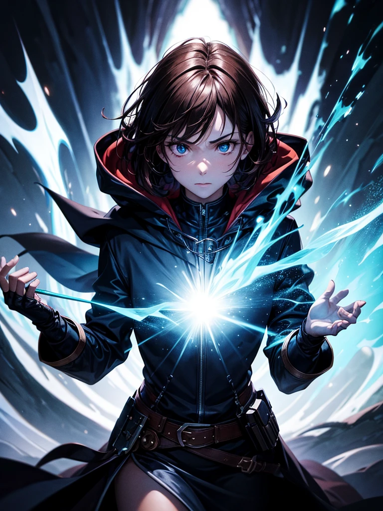 ultra HD 8k best quality,ultra-detailed,realistic:1.37,portrait,dark fantasy,anime,solo leveling,heroic character, one boy,Brown eyes, Brown hair, overcoat with hood, sharp focus,magical powers,mysterious aura,dynamic pose,threatening expression,glowing eyes,demonic presence,grim reaper cloak,detailed armor,enchanted weapon,dark background,eerie lighting,blue color palette,smoke effects,action scene,high contrast,fluid brush strokes,masterpiece:1.2
