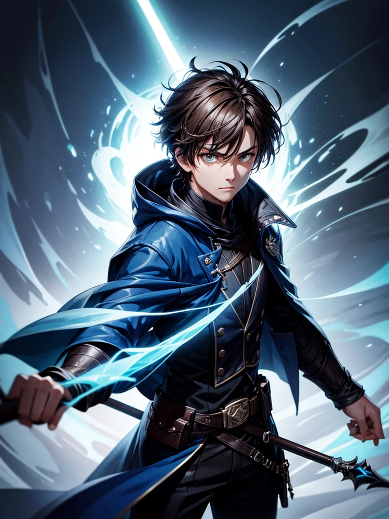 ultra HD 8k best quality,ultra-detailed,realistic:1.37,portrait,dark fantasy,anime,solo leveling,heroic character, one boy,Brown eyes, Brown hair, overcoat with hood, sharp focus,magical powers,mysterious aura,dynamic pose,threatening expression,glowing eyes,demonic presence,grim reaper cloak,detailed armor,enchanted weapon,dark background,eerie lighting,blue color palette,smoke effects,action scene,high contrast,fluid brush strokes,masterpiece:1.2