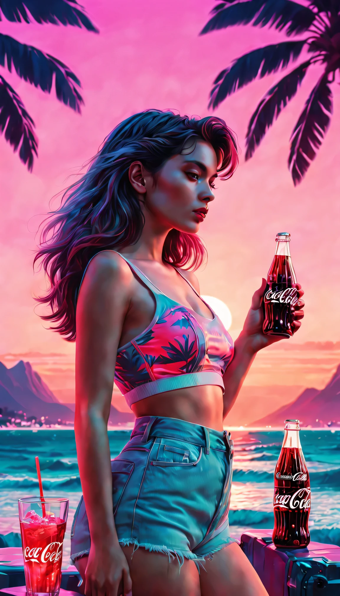 (best quality, high resolution, Super detailed, actual:1.37), Vaporwave aesthetic style Coca-Cola advertisement, 1 girl, 80s nostalgia, neon lights, Retro color, Retro CRT effect, Fault art, dreamy atmosphere, Palm tree, Sunset, Summer vibe, 3D rendering graphics, smooth surface, shiny metallic elements, Cyberpunk elements, pixel art, digital nostalgia, Cassette tape, VHS tape, lo-fi music, statuesque model, glass bottle, sparkling soda, Refreshing drink, tropical paradise, futuristic font, aesthetic vision.