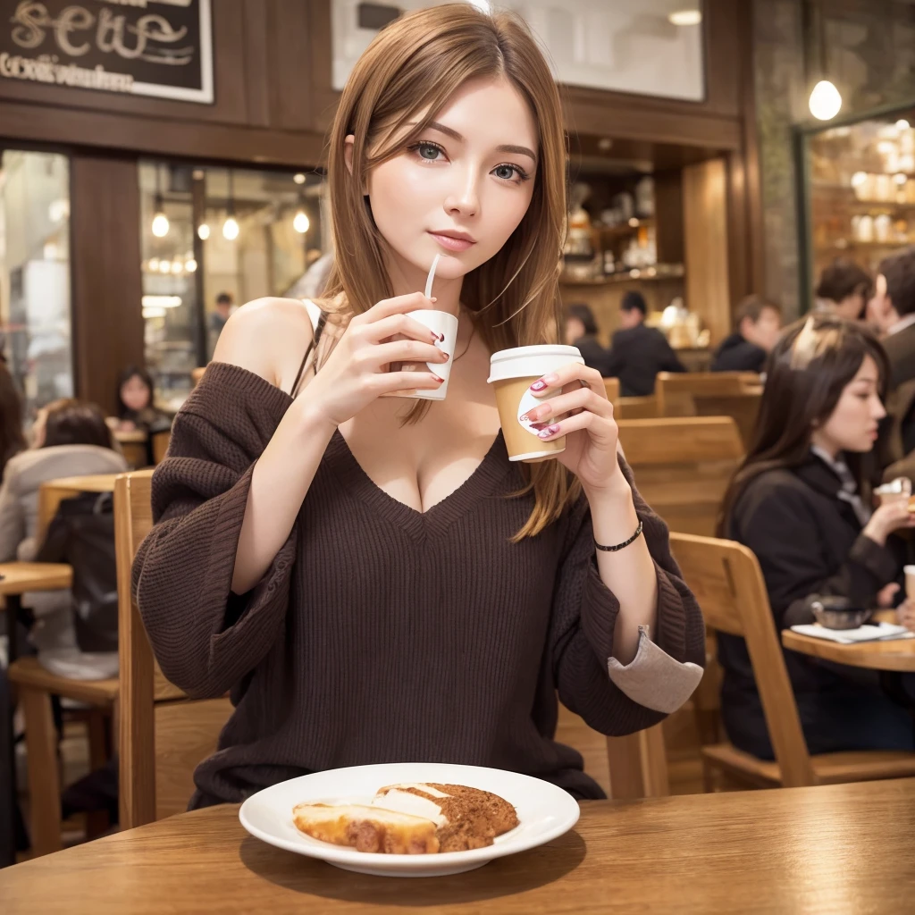 Beautiful Russian woman、Drinking coffee in a café、crowded russian cafe