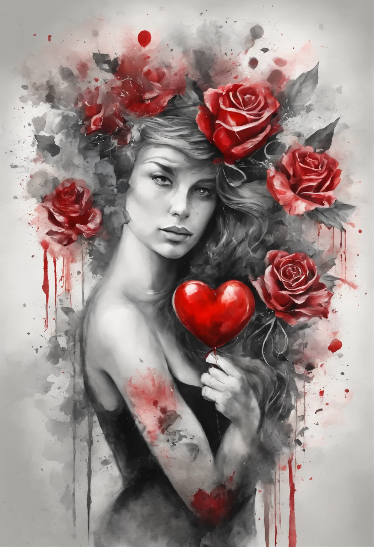 Oil painting, Color splash, Stylized photo of a 30-year-old woman ,She's got a red heart, Best Quality,the background is black , Highly detailed, HD, 2 thousand., 4k, 8K, 16k,32K64K,Ultra Rendering, (Flowered tattoos in the arm))); (((depth perception, 3D motion))), (((bright color palette, using red, white and charcoal))), (((the heart is a balloon at the top and the bottom)))