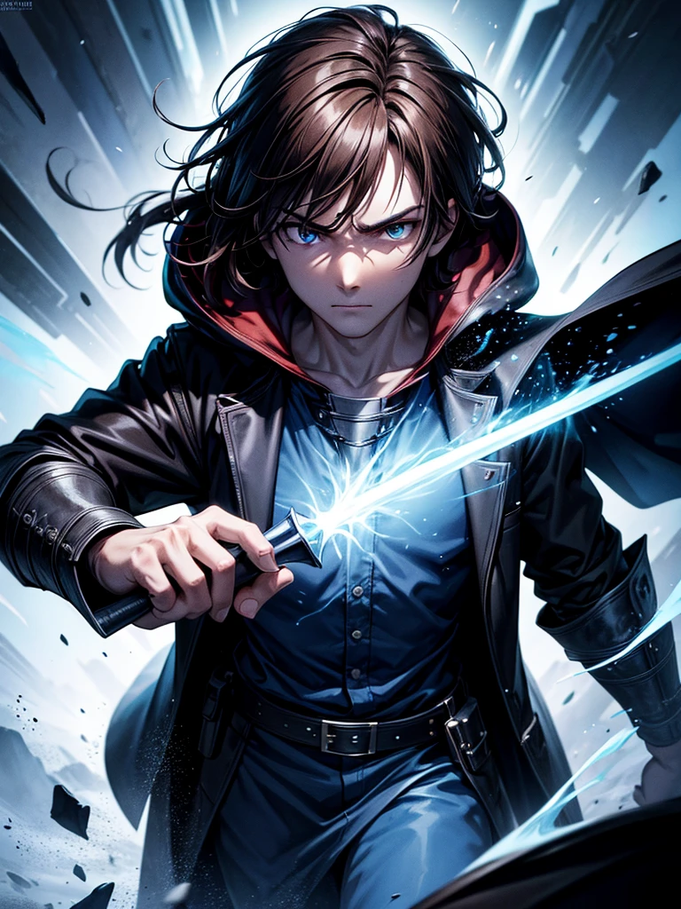 ultra HD 8k best quality,ultra-detailed,realistic:1.37,portrait,dark fantasy,anime,solo leveling,heroic character, one boy,Brown eyes, Brown hair, overcoat with hood, sharp focus,magical powers,mysterious aura,dynamic pose,threatening expression,glowing eyes,demonic presence,grim reaper cloak,detailed armor,enchanted weapon,dark background,eerie lighting,blue color palette,smoke effects,action scene,high contrast,fluid brush strokes,masterpiece:1.2
