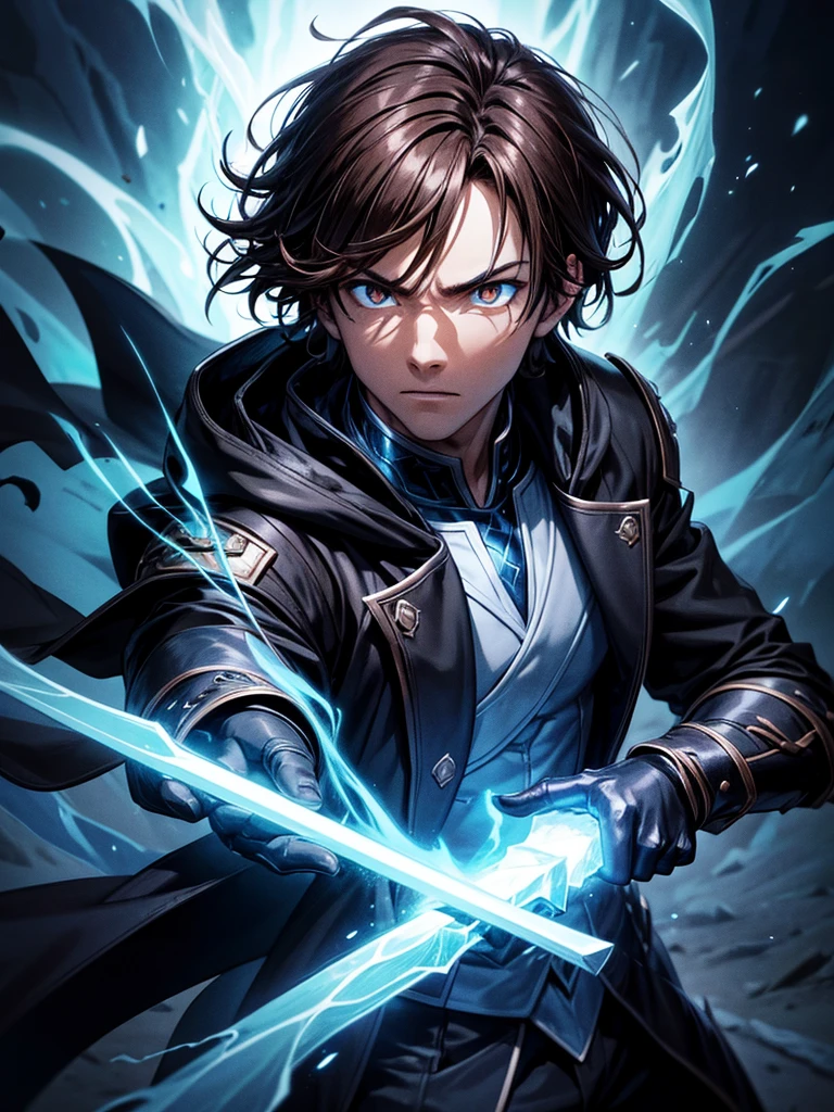 ultra HD 8k best quality,ultra-detailed,realistic:1.37,portrait,dark fantasy,anime,solo leveling,heroic character, one boy,Brown eyes, Brown hair, overcoat with hood, sharp focus,magical powers,mysterious aura,dynamic pose,threatening expression,glowing eyes,demonic presence,grim reaper cloak,detailed armor,enchanted weapon,dark background,eerie lighting,blue color palette,smoke effects,action scene,high contrast,fluid brush strokes,masterpiece:1.2