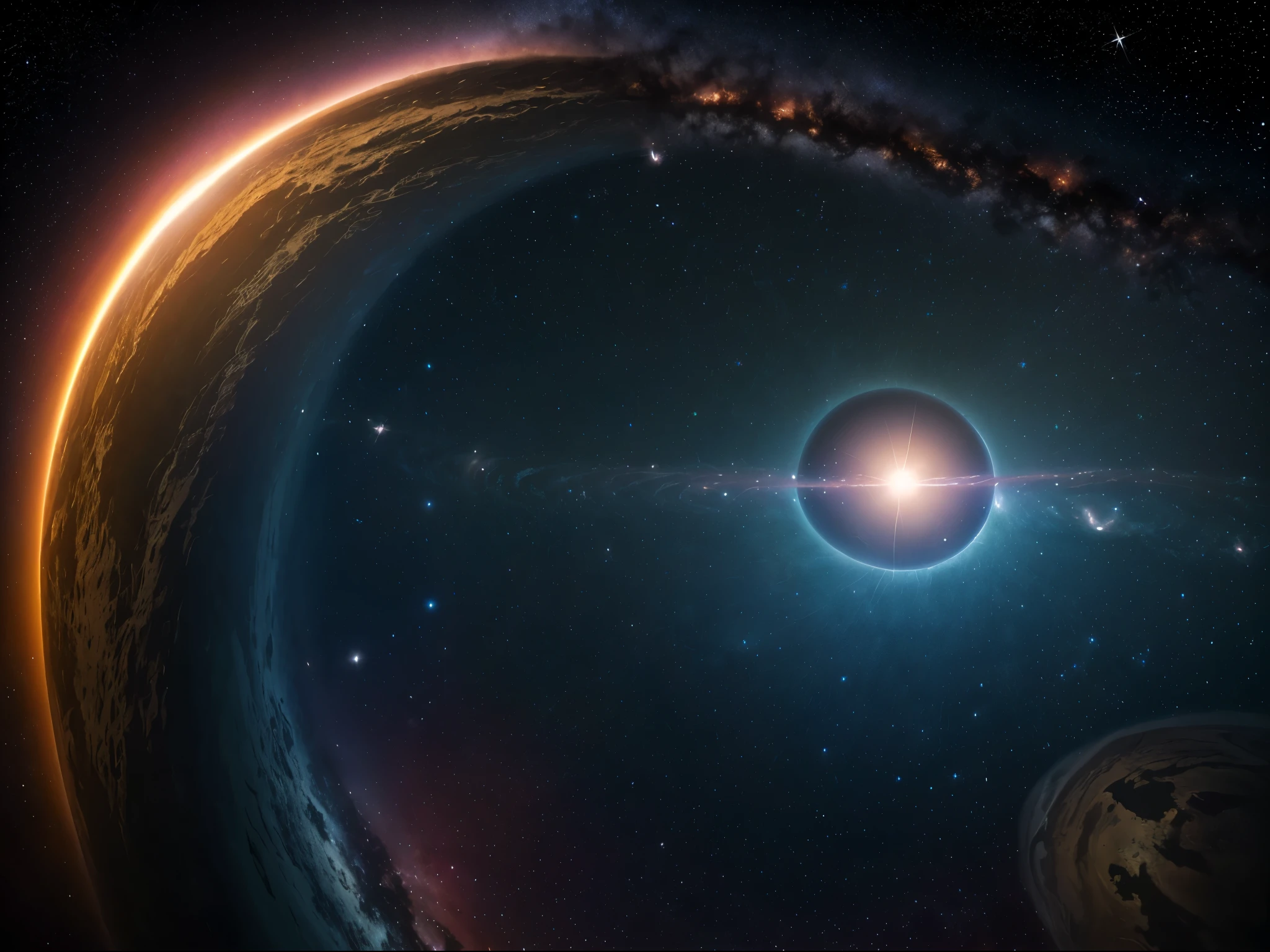 Kreiere ein beeindruckendes Bild, that captures the epic depiction of a black hole in the depths of space. The scene is said to be characterized by intense gravitational forces, which bend space and time around the black hole. The darkness of the hole is said to be glowing, pulsierenden Halo umgeben sein, while stars and galaxies in the background are affected by the distorted curvature of space. Betone die surreale Verzerrung und Energie, die von der massiven Anziehungskraft des schwarzen Lochs ausgeht, and let the viewer feel the fascination and danger of the phenomenon.
