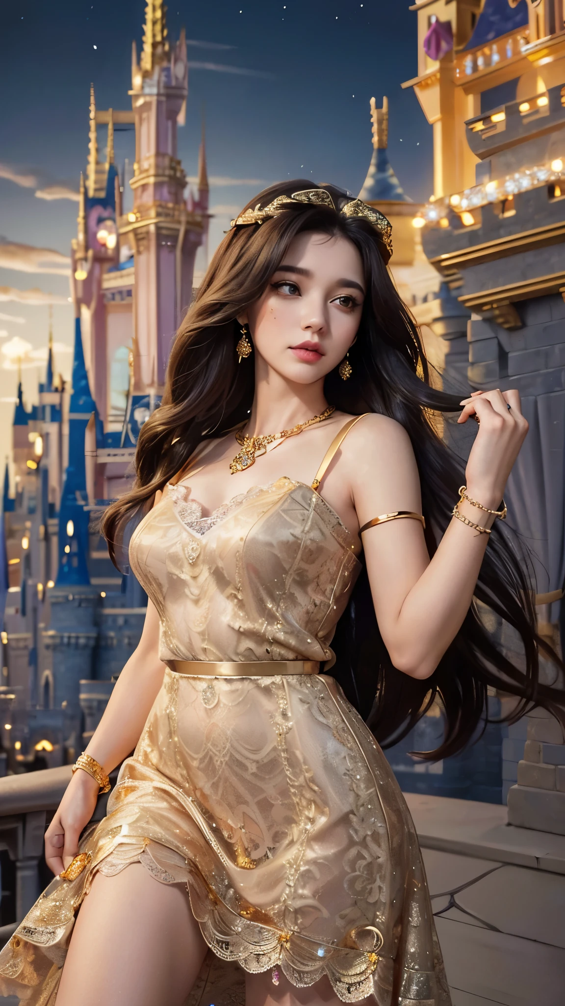 8K, ultra HD, masterpiece, realistic, 1 girl, good face, smoggy makeup, very long hair, princess hairstyle, detailed eyes, detailed lips, medium figure, very detailed dress, (golden dress:1.5), (strap:1.5), (lace:1.5), (net stocking:1), (jewelry:1.8), (disney castle:1.5), night sky, water, bloom lighting, night lighting, darkness,