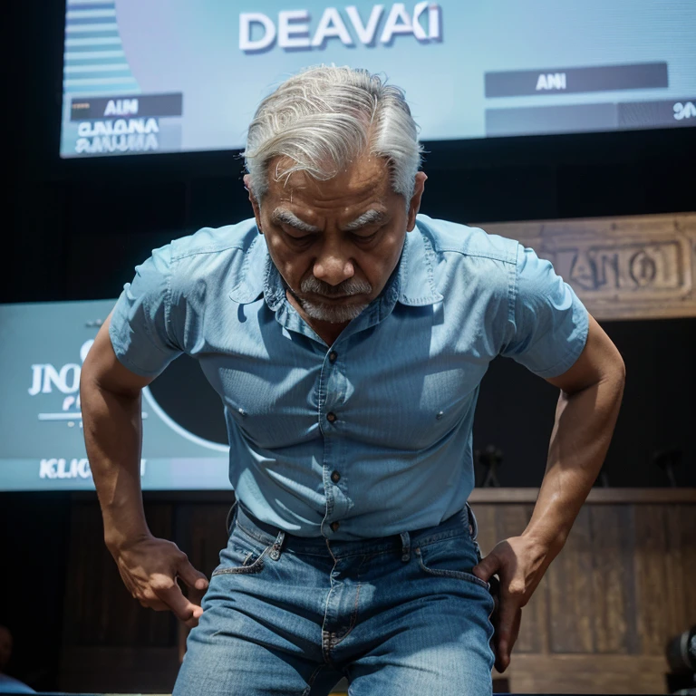 on the screen it says "debat sangadi" On stage, an Indonesian grandfather, short white hair, light blue shirt and blue jeans, is placing his right hand on his forehead as if looking for or looking at something, body bent forward and leaning forward, realistic photo , typography