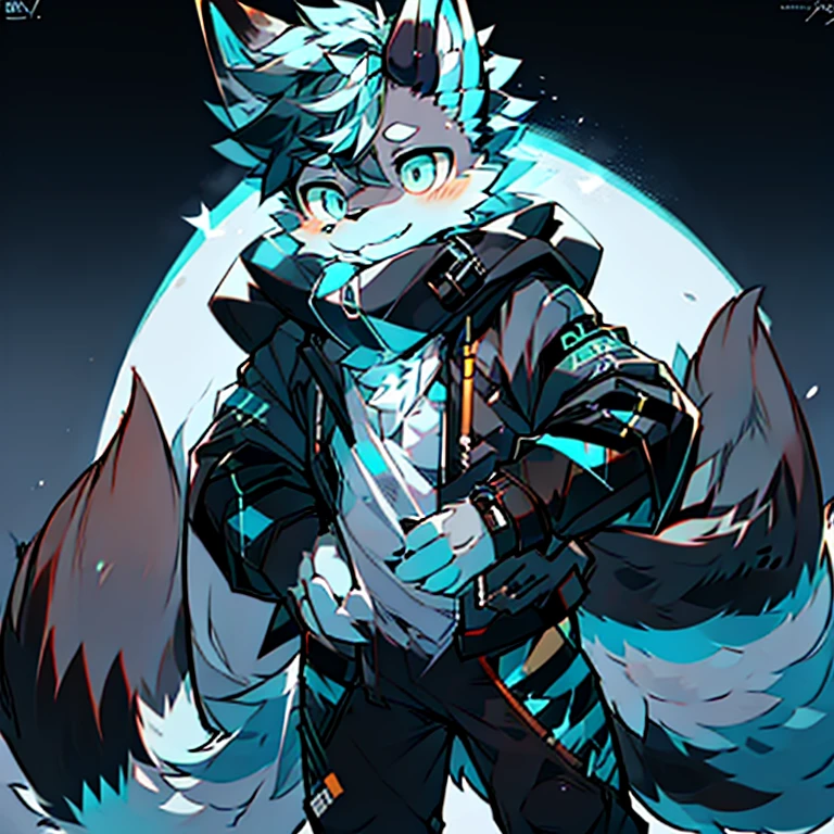 shota, long hair, space eye, glow eye, femboy, neon city, snowfall, midnight, fox ear, deep blue ear, fox tail, deep blue fox, deep blue jacket, cute, collar, Two tail, space katana, god , fur body, full body, the lower body is naked, snow fox, character, master piece, fluffy tail, current, shy, NFSW, Highest Quality, 4k, R-18, full HD, heart eye