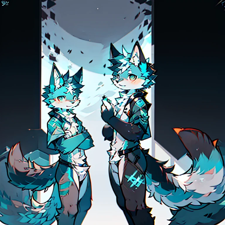 Furry male gray black cyan pattern wolf bright cyan pupils big tail standing wearing gray space