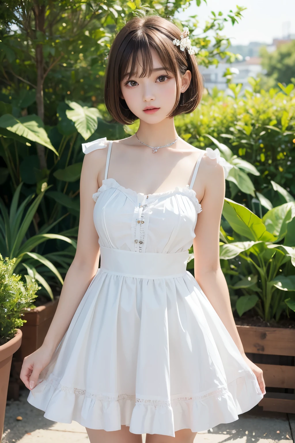 best quality, 32k, RAW photo, incredibly absurdres, extremely detailed, delicate texture, neat and cute girl, 18 years old, shy, a frilly, fluffy pure white dress like an idol's, skirt lift, perfect body line, beautiful glossy short bob hair, wind, professional lighting