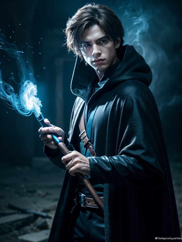 ultra HD 8k best quality,ultra-detailed,realistic:1.37,portrait,dark fantasy,anime,solo leveling,heroic character, one boy,Brown eyes, Brown hair, overcoat with hood, sharp focus,magical powers,mysterious aura,dynamic pose,threatening expression,glowing eyes,demonic presence,grim reaper cloak,detailed armor,enchanted weapon,dark background,eerie lighting,blue color palette,smoke effects,action scene,high contrast,fluid brush strokes,masterpiece:1.2