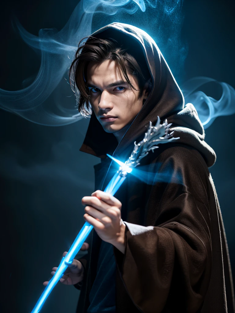 ultra HD 8k best quality,ultra-detailed,realistic:1.37,portrait,dark fantasy,anime,solo leveling,heroic character, one boy,Brown eyes, Brown hair, overcoat with hood, sharp focus,magical powers,mysterious aura,dynamic pose,threatening expression,glowing eyes,demonic presence,grim reaper cloak,detailed armor,enchanted weapon,dark background,eerie lighting,blue color palette,smoke effects,action scene,high contrast,fluid brush strokes,masterpiece:1.2