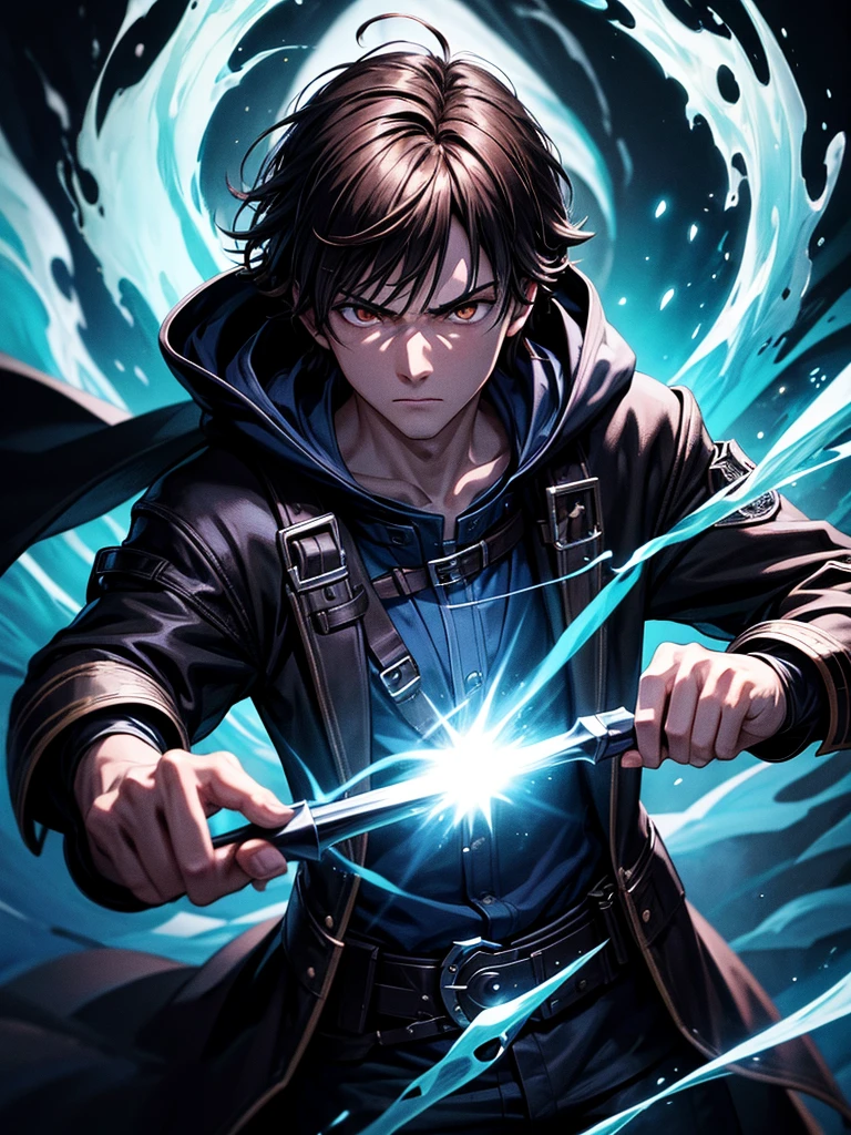 ultra HD 8k best quality,ultra-detailed,realistic:1.37,portrait,dark fantasy,anime,solo leveling,heroic character, one boy,Brown eyes, Brown hair, overcoat with hood, sharp focus,magical powers,mysterious aura,dynamic pose,threatening expression,glowing eyes,demonic presence,grim reaper cloak,detailed armor,enchanted weapon,dark background,eerie lighting,blue color palette,smoke effects,action scene,high contrast,fluid brush strokes,masterpiece:1.2