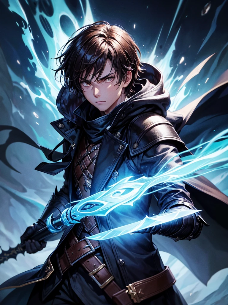 ultra HD 8k best quality,ultra-detailed,realistic:1.37,portrait,dark fantasy,anime,solo leveling,heroic character, one boy,Brown eyes, Brown hair, overcoat with hood, sharp focus,magical powers,mysterious aura,dynamic pose,threatening expression,glowing eyes,demonic presence,grim reaper cloak,detailed armor,enchanted weapon,dark background,eerie lighting,blue color palette,smoke effects,action scene,high contrast,fluid brush strokes,masterpiece:1.2