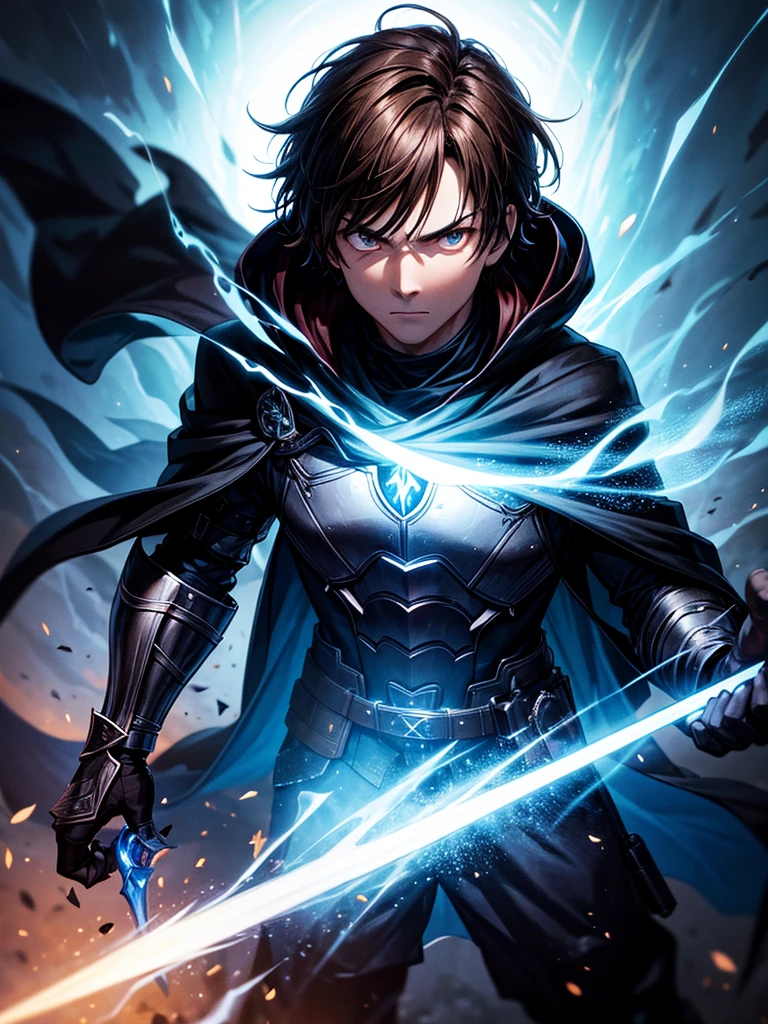 ultra HD 8k best quality,ultra-detailed,realistic:1.37,portrait,dark fantasy,anime,solo leveling,heroic character, one boy,Brown eyes, Brown hair, overcoat with hood, sharp focus,magical powers,mysterious aura,dynamic pose,threatening expression,glowing eyes,demonic presence,grim reaper cloak,detailed armor,enchanted weapon,dark background,eerie lighting,blue color palette,smoke effects,action scene,high contrast,fluid brush strokes,masterpiece:1.2