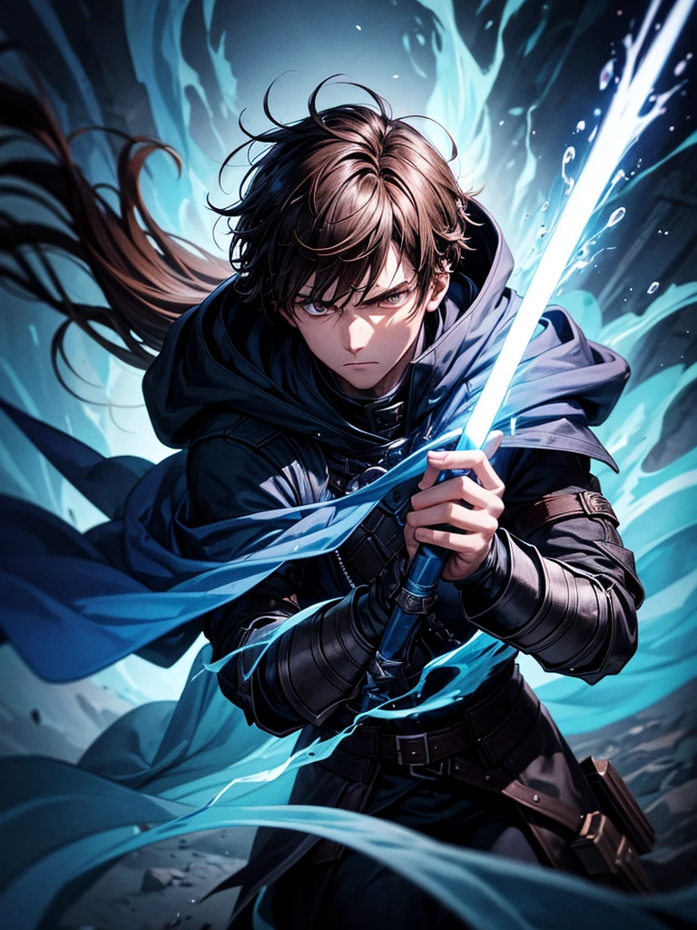ultra HD 8k best quality,ultra-detailed,realistic:1.37,portrait,dark fantasy,anime,solo leveling,heroic character, one boy,Brown eyes, Brown hair, overcoat with hood, sharp focus,magical powers,mysterious aura,dynamic pose,threatening expression,glowing eyes,demonic presence,grim reaper cloak,detailed armor,enchanted weapon,dark background,eerie lighting,blue color palette,smoke effects,action scene,high contrast,fluid brush strokes,masterpiece:1.2