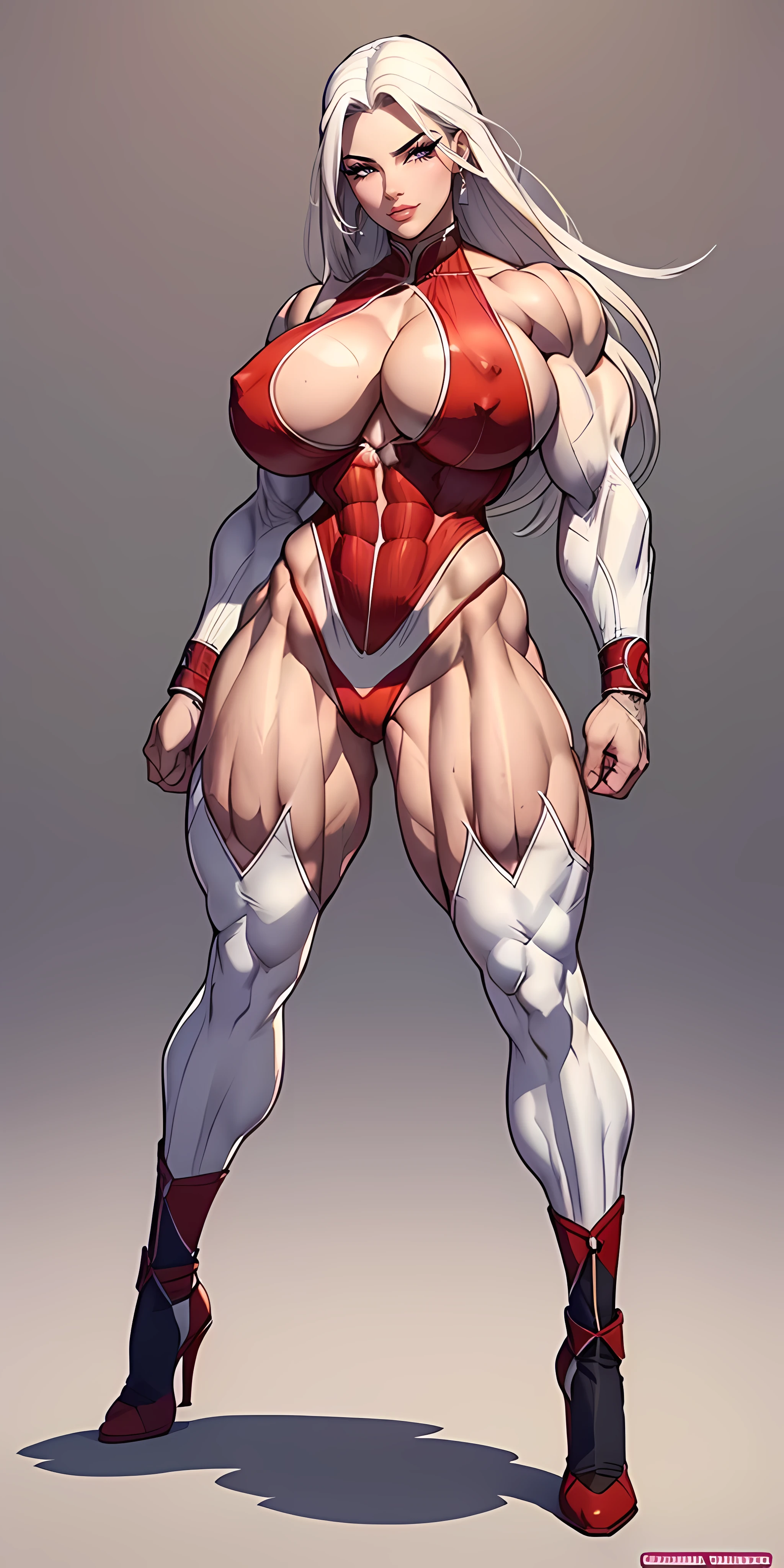 A determined and ambitious warrior, pretty face, serious face, white hair, red eyes, perfect body, fit body, abdomen, big breasts, wearing Victorian era clothes, muscular, who fights to become the strongest, (NSFW), ((accurate anatomy)), (wide hips), ((Huge breasts)), (long legs), ((Massive Female Bodybuilder)), (((Muscular Legs))), ((((Huge Muscles))))