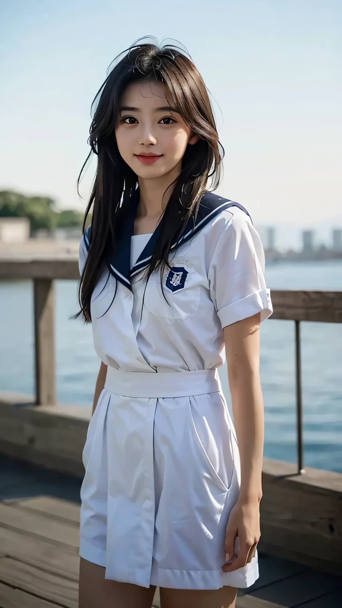 Uniforms for Japanese High School Students,sailor suit,fully body photo,masutepiece, The highest image quality, High quality, the background is clear,Beautiful woman, Japanese, Detailed, Detailed eyes, Detailed skin, Beautiful skin, 超hight resolution, (reality: 1.4),Very beautiful woman, Slightly younger face, Beautiful skin, slender, (Ultra photo realsisim), (hight resolution), (8K), (Very detailed) (beautifully detailed eyes), (super detailed), (Detailed face), view the viewer, Fine details, Detailed face, Smiling, Staring straight ahead, Staring straight ahead, photos realistic, Bright lighting, Professional Lighting, Black hair, ,poneyTail,a ,sixteen yTail,ロングのponeyTailの髪型,Angle from waist up,standing and posing,outdoors,