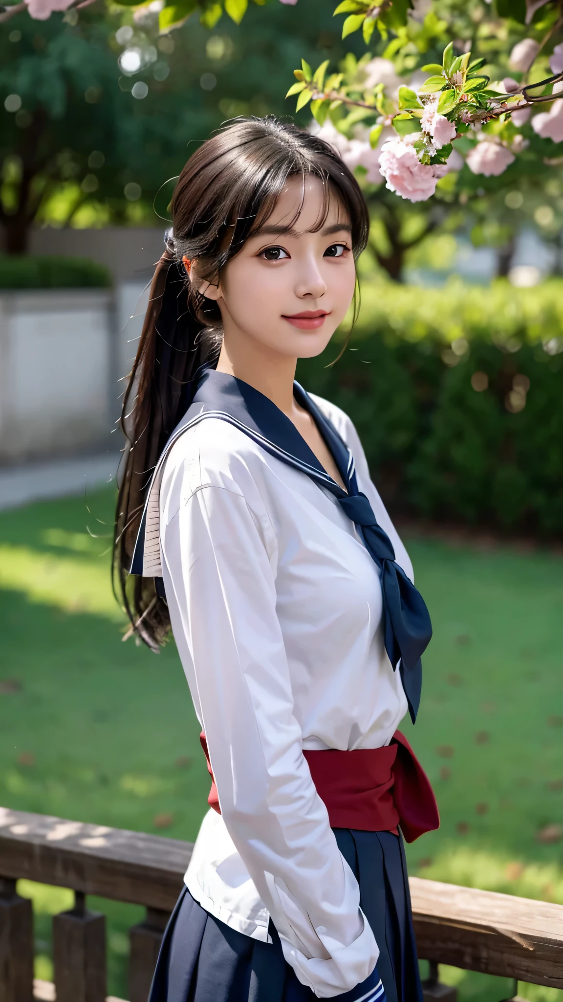 Uniforms for Japanese High School Students,sailor suit,fully body photo,masutepiece, The highest image quality, High quality, the background is clear,Beautiful woman, Japanese, Detailed, Detailed eyes, Detailed skin, Beautiful skin, 超hight resolution, (reality: 1.4),Very beautiful woman, Slightly younger face, Beautiful skin, slender, (Ultra photo realsisim), (hight resolution), (8K), (Very detailed) (beautifully detailed eyes), (super detailed), (Detailed face), view the viewer, Fine details, Detailed face, Smiling, Staring straight ahead, Staring straight ahead, photos realistic, Bright lighting, Professional Lighting, Black hair, ,poneyTail,a baby face,sixteen years old,髪型はponeyTail,ロングのponeyTailの髪型,Angle from waist up,standing and posing,outdoors,