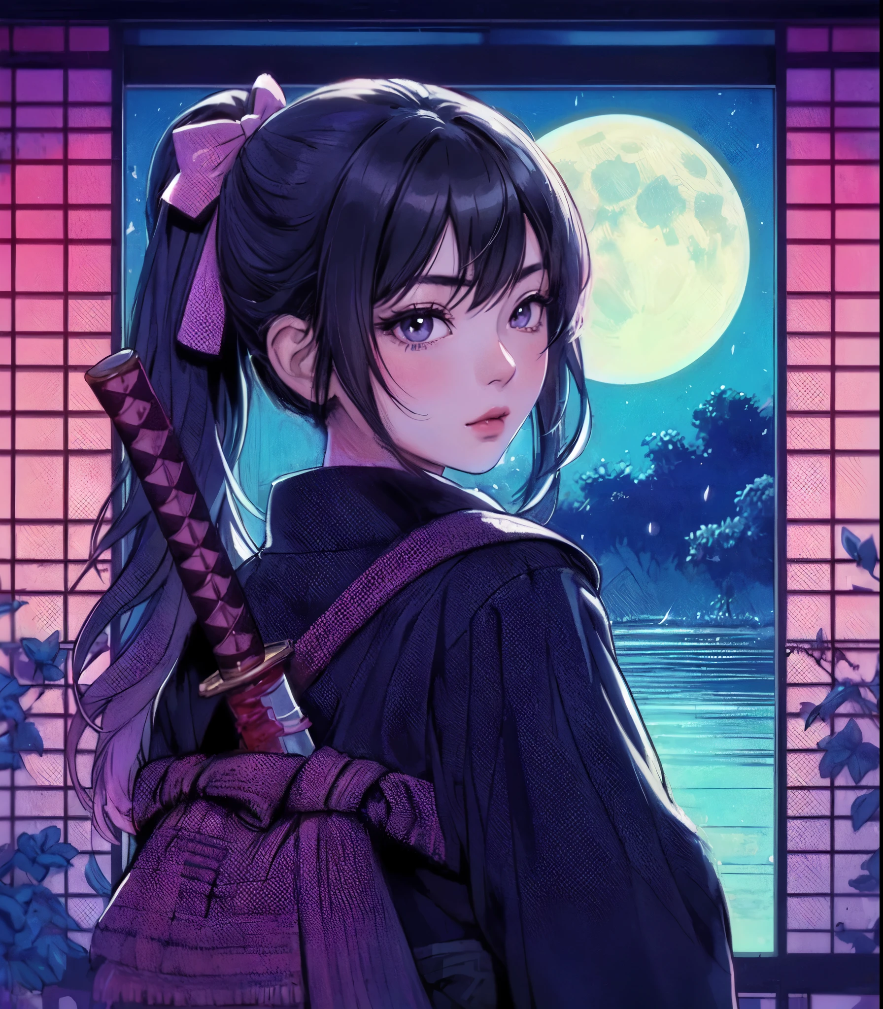 1lady solo, (looking back) (from behind), kunoichi (ninja outfit:1.2), (katana sword), mature female, /(black hair/) bangs, cool expression, (masterpiece best quality:1.2) delicate illustration ultra-detailed, medium breasts BREAK (vaporwave:1.2), (vaporwave aesthetic), (vaporwave-toned background) BREAK (Japanese room) indoors, (shoji screens:1.2), moon moonlight, detailed background