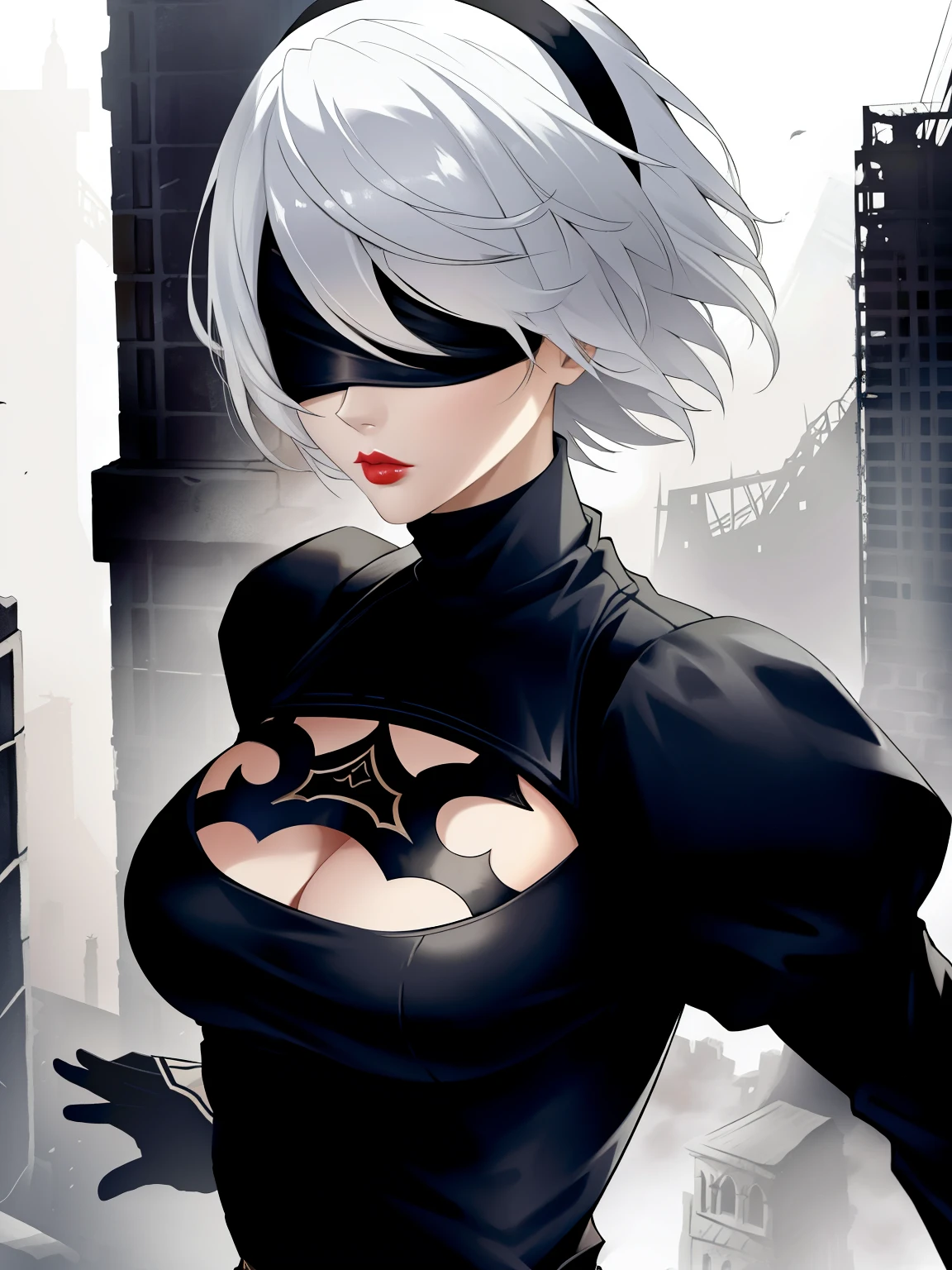 yorha no. 2 type b, 1girl, blindfold, breasts, cleavage, cleavage cutout, clothing cutout, white gloves, hair between eyes, hairband, highres, juliet sleeves, long sleeves, mole under mouth, nier (series), nier automata, oni gini, puffy sleeves, red lips, shaded face, short hair, solo, turtleneck, upper body, white hair, detailed background, destroyed city, ruins, epic, action pose