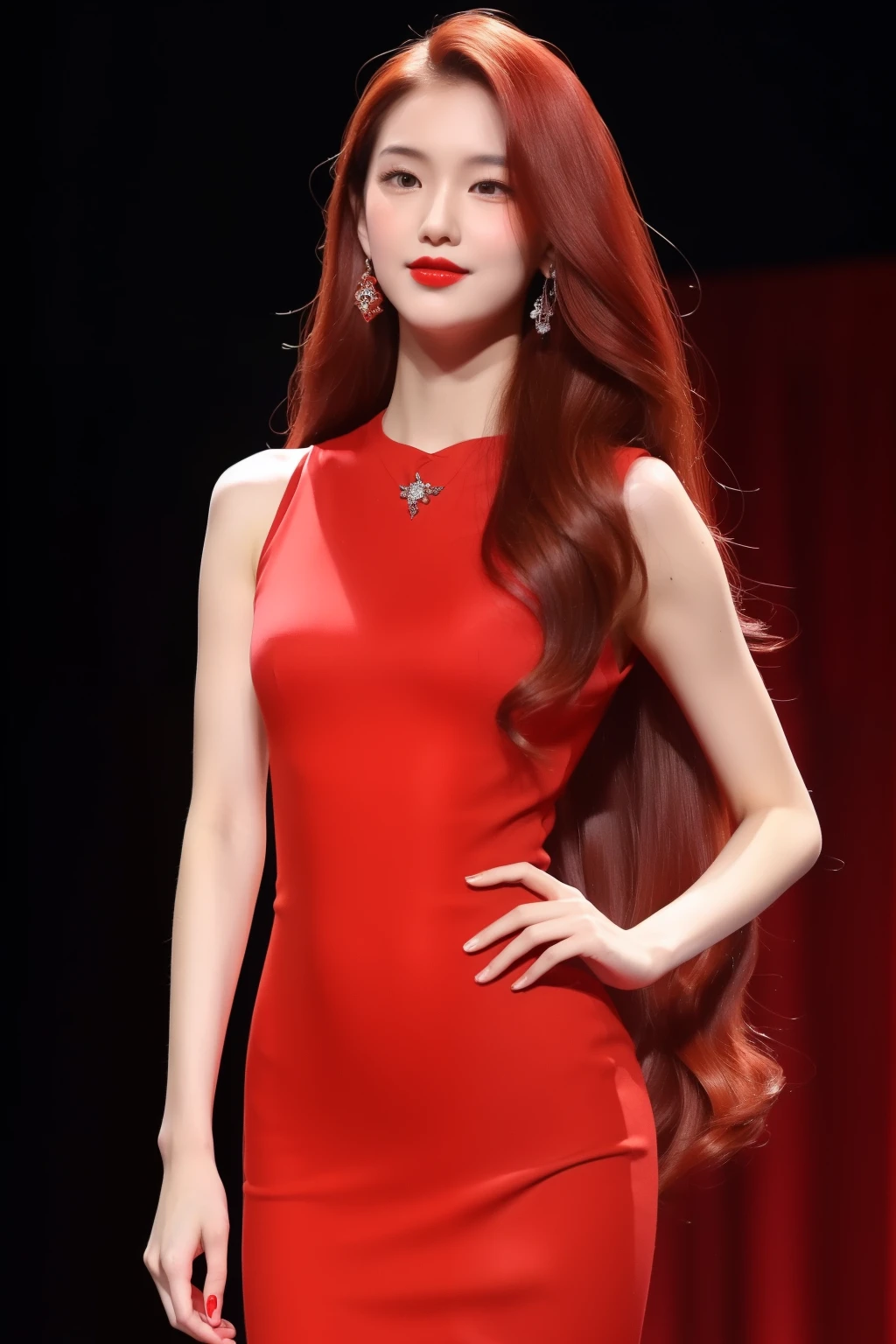 (1 girl, Red dress: 1.3), (Bright red color: 1.2), (Standing poses: 1.3), (Red lipstick: 1.1), (Fair complexion: 1.3), (Long flowing red hair: 1.2), (Detailed facial features: 1.4), (Slender figure: 1.1), (Elegant: 1.2), (Clear complexion: 1.2), (Well-defined features: 1.3), (Podium or stage setting: 1.2), (Spotlight: 1.1), (Confident: 1.1), (