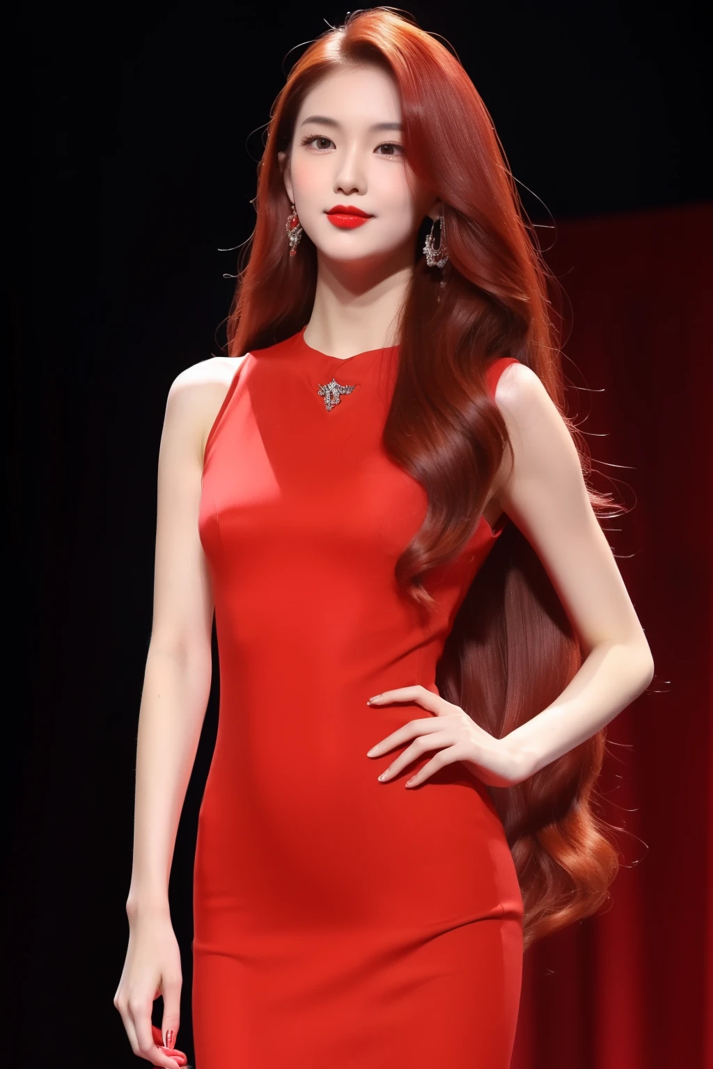 (1 girl, Red dress: 1.3), (Bright red color: 1.2), (Standing poses: 1.3), (Red lipstick: 1.1), (Fair complexion: 1.3), (Long flowing red hair: 1.2), (Detailed facial features: 1.4), (Slender figure: 1.1), (Elegant: 1.2), (Clear complexion: 1.2), (Well-defined features: 1.3), (Podium or stage setting: 1.2), (Spotlight: 1.1), (Confident: 1.1), (