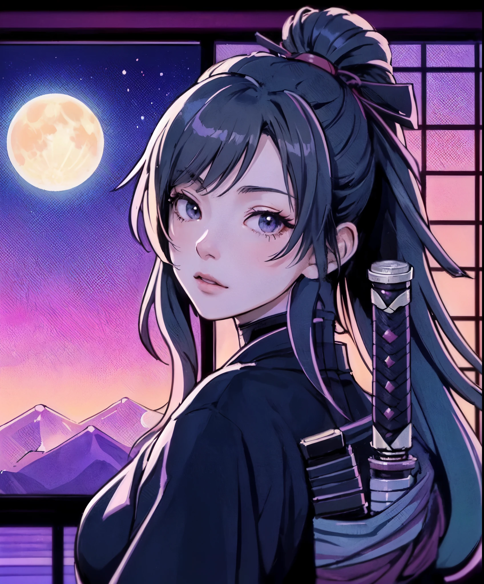 1lady solo, (looking back) (from behind), kunoichi (ninja outfit:1.2), (katana sword), mature female, /(dark gray hair/) bangs, cool expression, (masterpiece best quality:1.2) delicate illustration ultra-detailed, medium breasts BREAK (vaporwave:1.2), (vaporwave aesthetic), (vaporwave-toned background) BREAK (Japanese room) indoors, (shoji screens:1.2), moon moonlight, detailed background