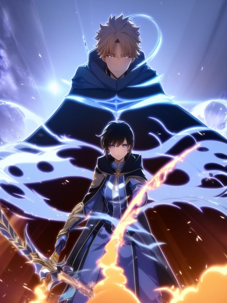 ultra HD 8k best quality,ultra-detailed,realistic:1.37,portrait,dark fantasy,anime,solo leveling,heroic character, one boy,Brown eyes, Brown hair, overcoat with hood, sharp focus,magical powers,mysterious aura,dynamic pose,threatening expression,glowing eyes,demonic presence,grim reaper cloak,detailed armor,enchanted weapon,dark background,eerie lighting,blue color palette,smoke effects,action scene,high contrast,fluid brush strokes,masterpiece:1.2
