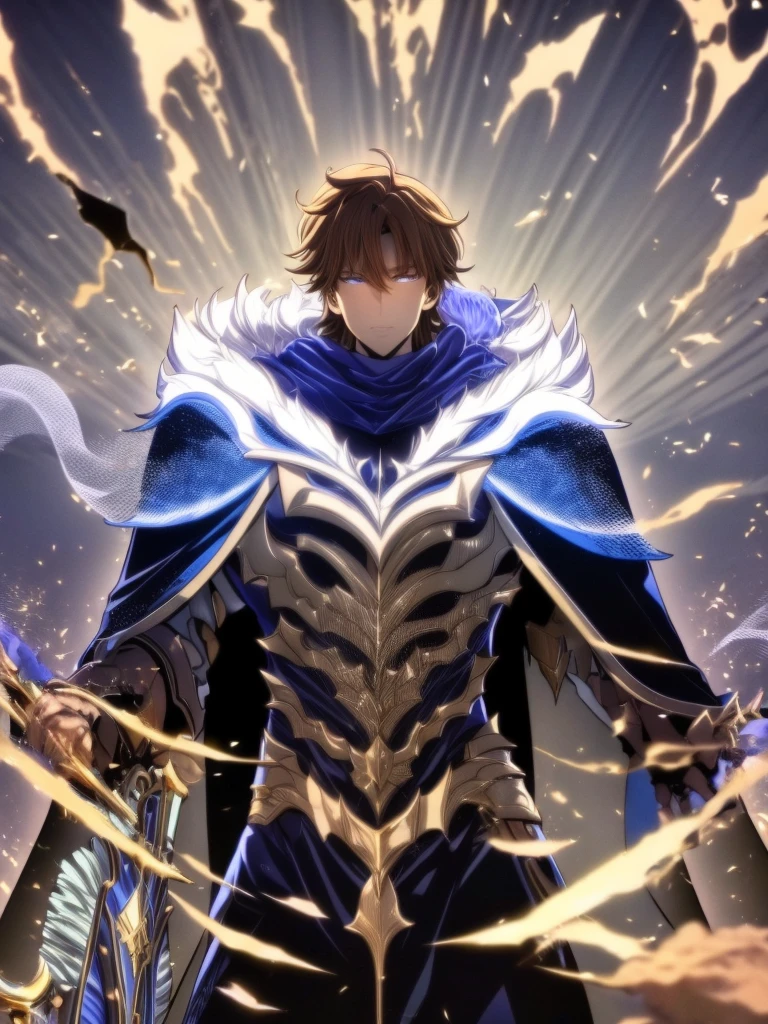 ultra HD 8k best quality,ultra-detailed,realistic:1.37,portrait,dark fantasy,anime,solo leveling,heroic character, one boy,Brown eyes, Brown hair, overcoat with hood, sharp focus,magical powers,mysterious aura,dynamic pose,threatening expression,glowing eyes,demonic presence,grim reaper cloak,detailed armor,enchanted weapon,dark background,eerie lighting,blue color palette,smoke effects,action scene,high contrast,fluid brush strokes,masterpiece:1.2