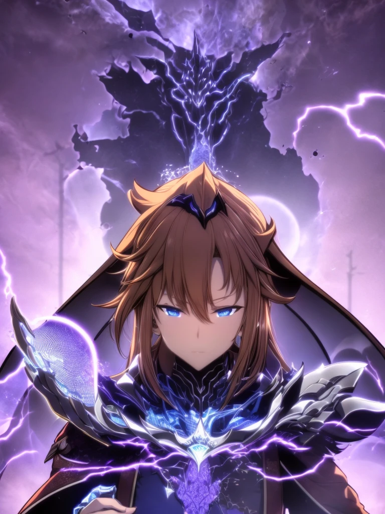 ultra HD 8k best quality,ultra-detailed,realistic:1.37,portrait,dark fantasy,anime,solo leveling,heroic character, one boy,Brown eyes, Brown hair, overcoat with hood, sharp focus,magical powers,mysterious aura,dynamic pose,threatening expression,glowing eyes,demonic presence,grim reaper cloak,detailed armor,enchanted weapon,dark background,eerie lighting,blue color palette,smoke effects,action scene,high contrast,fluid brush strokes,masterpiece:1.2