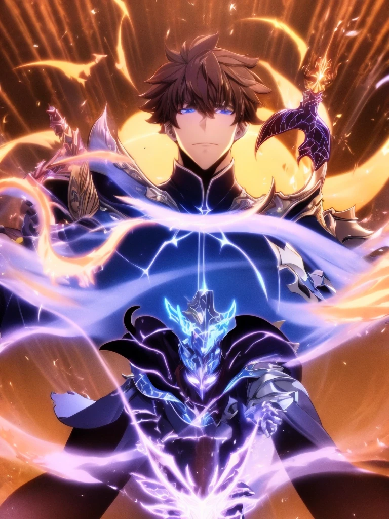 ultra HD 8k best quality,ultra-detailed,realistic:1.37,portrait,dark fantasy,anime,solo leveling,heroic character, one boy,Brown eyes, Brown hair, overcoat with hood, sharp focus,magical powers,mysterious aura,dynamic pose,threatening expression,glowing eyes,demonic presence,grim reaper cloak,detailed armor,enchanted weapon,dark background,eerie lighting,blue color palette,smoke effects,action scene,high contrast,fluid brush strokes,masterpiece:1.2