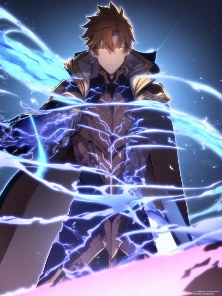 ultra HD 8k best quality,ultra-detailed,realistic:1.37,portrait,dark fantasy,anime,solo leveling,heroic character, one boy,Brown eyes, Brown hair, overcoat with hood, sharp focus,magical powers,mysterious aura,dynamic pose,threatening expression,glowing eyes,demonic presence,grim reaper cloak,detailed armor,enchanted weapon,dark background,eerie lighting,blue color palette,smoke effects,action scene,high contrast,fluid brush strokes,masterpiece:1.2