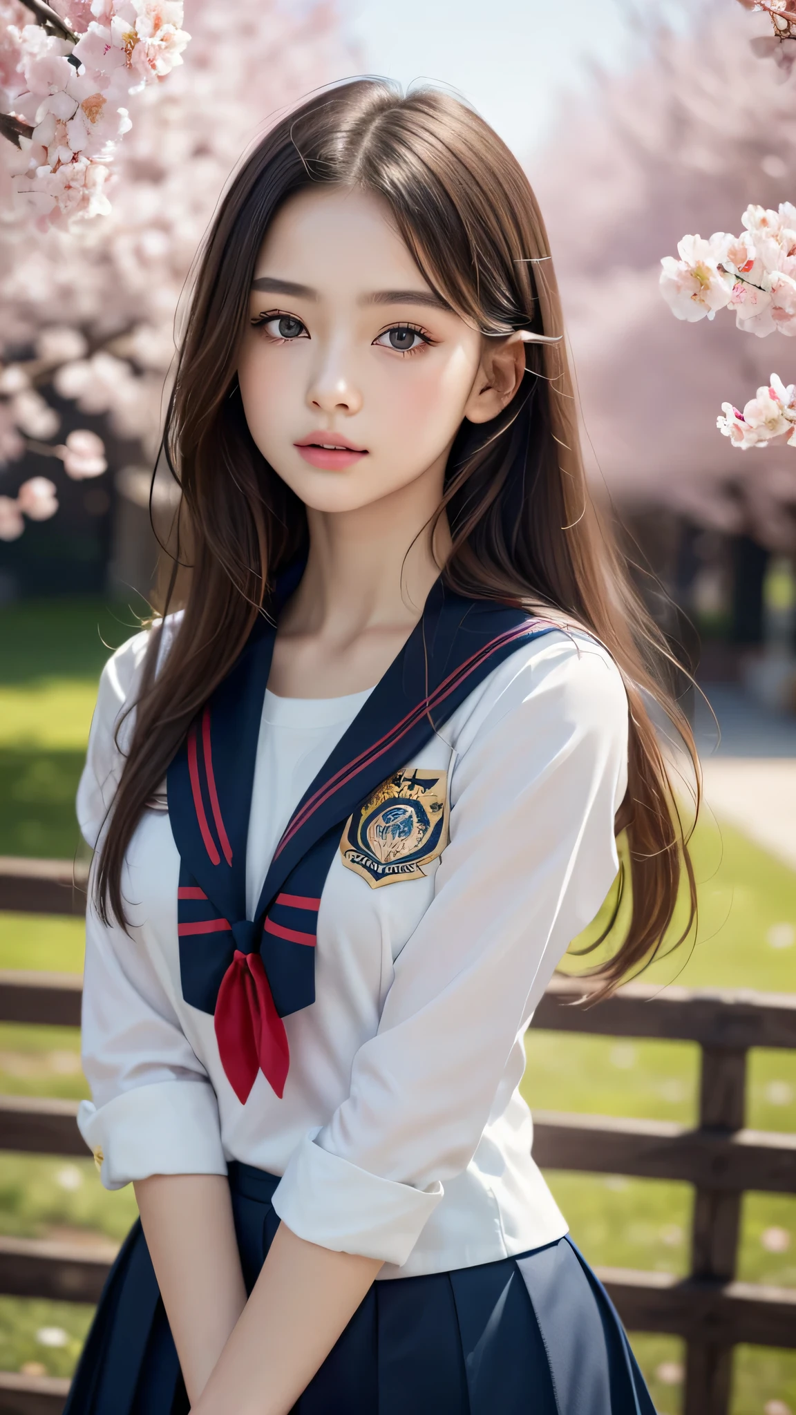 (1ung girl), Amazing face and eyes, (amazingly beautiful girl), (Best Quality:1.4), (Ultra-detailed), (extremely detailed CG unified 8k wallpaper), Highly detailed, High-definition raw color photos, Professional Photography, sailor uniform, school uniform, School, Spring, cherry blossoms,