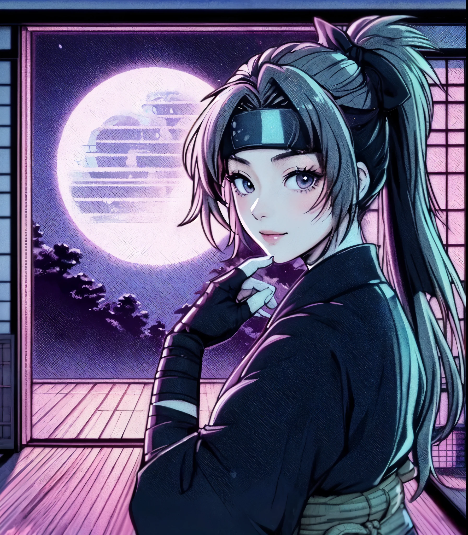 1lady solo, (looking back) (from behind), kunoichi (ninja outfit:1.2), (katana sword), mature female, /(light brown hair/) bangs, light smile, (masterpiece best quality:1.2) delicate illustration ultra-detailed, medium breasts BREAK (vaporwave:1.2), (vaporwave aesthetic), (vaporwave-toned background) BREAK (Japanese room) indoors, (shoji screens:1.2), moon moonlight, detailed background