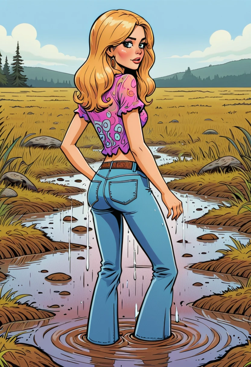 (a woman,flared jeans,soaking wet,muddy),(sexual tension,drowning in bog),(teasing with her muddy back),cartoon,psychedelic patterns,best quality,ultra-detailed,realistic,70s setting