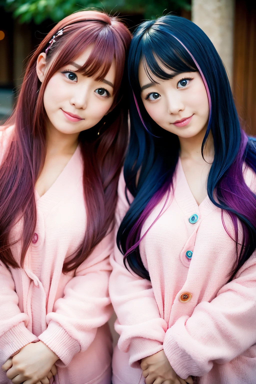 twinsies、kawaii、japanes、Big、pubick hair, Colored inner hair, makeup, Shy, blush, Smirk, depth of fields, hight resolution, Textured skin