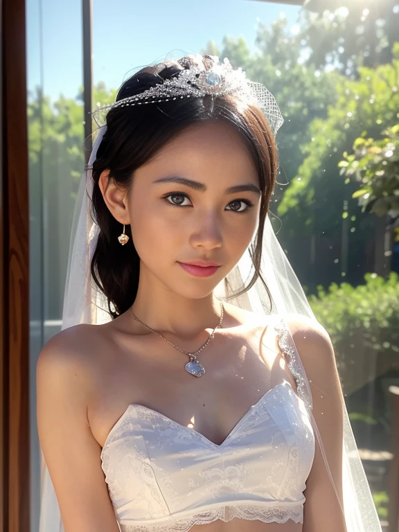 (((nffsw))), (((masutepiece))), (((8K))), (((hight resolution))), (((surrealism))), (((Cinematic lighting))), god rays, Zoom Layer, (((FULL BODYSHOT))), F/4.0, canon, Shiny skin,Detailed skin,Detailed face, Detailed eyes, Beautiful Japan bride, No top, Pose in front of a beautiful bedroom, a white veil, Wedding shirts for upper body only, Lower body exposed, White lace panties, tiny chest , silver earing, Diamond necklace, Mystical sight, confeti, sunny sky, small breast