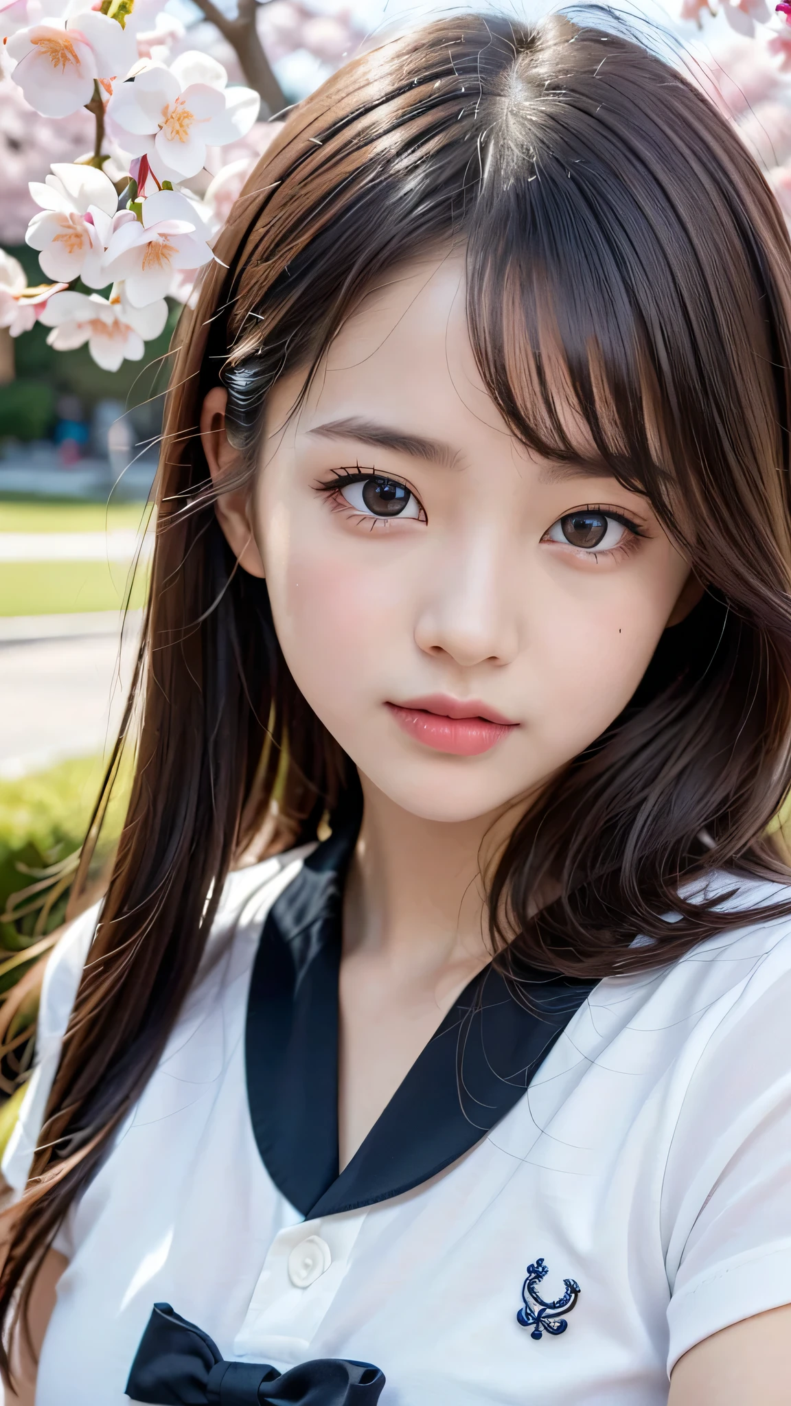 (1young girl), Amazing face and eyes, (amazingly beautiful girl), (Best Quality:1.4), (Ultra-detailed), (extremely detailed CG unified 8k wallpaper), Highly detailed, High-definition raw color photos, Professional Photography, sailor uniform, school uniform, School, Spring, cherry blossoms,