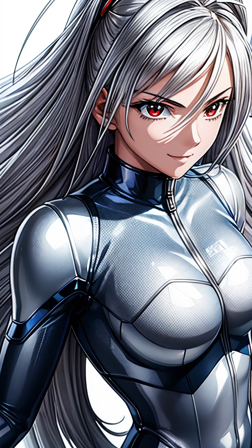 (masterpiece, best quality, ultra-detailed, highres, illustration:0.8), 5 8K UHD, silver latex suit, Beauty with shiny silver latex suit with hidden skin, (Upper body:1.0), extremely detailed wallpaper, official art, amazing, high detail, ultra-detailed, extremely detailed 8k wallpaper, wide shot, bright silver hair, red eyes with slit pupils, (white background:1.3), (1girl, solo), sexy, perfect anatomy, beautiful face, Carnage, smirk,