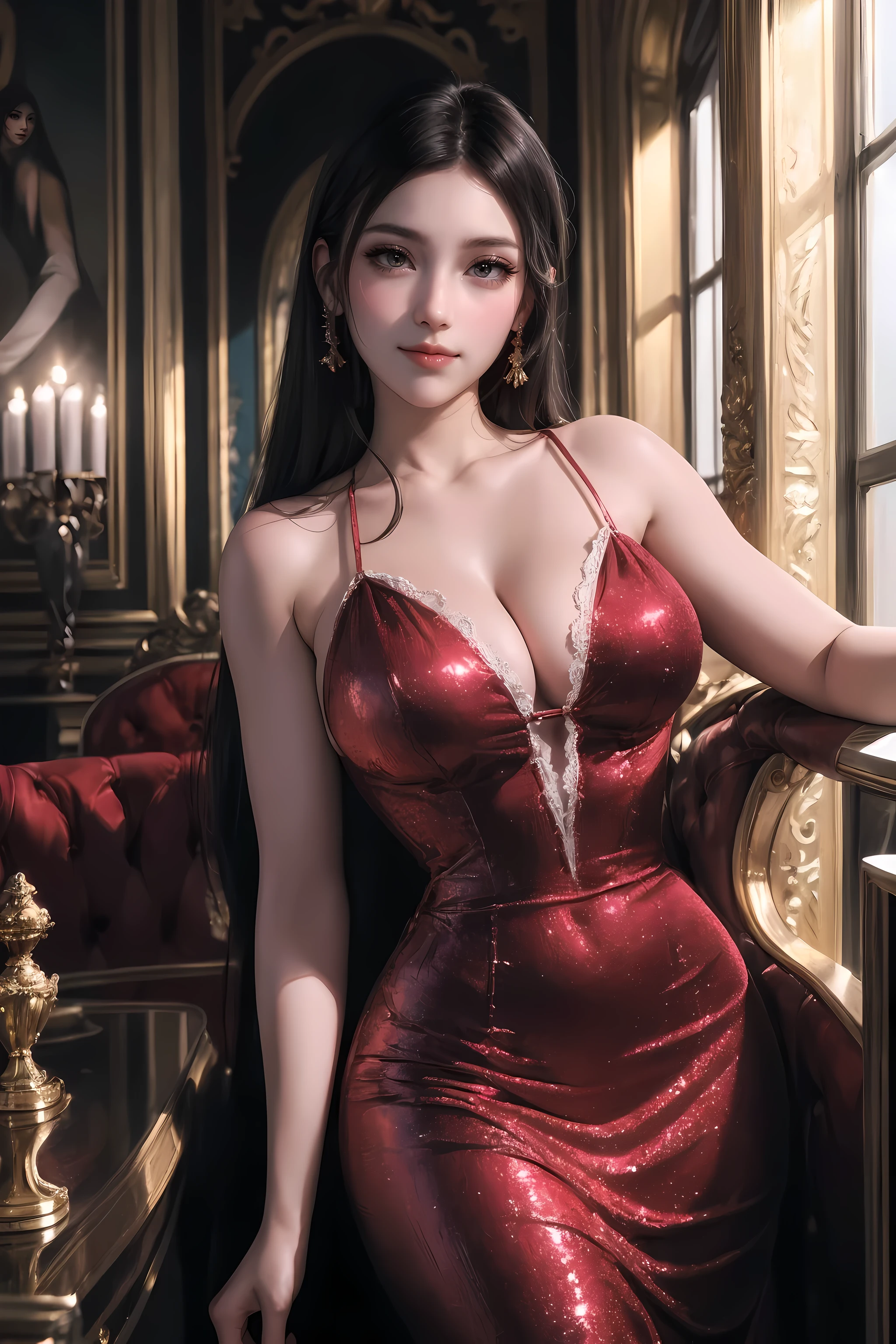 (best quality,4K,8k,high resolution,masterpiece:1.2),Super detailed,(actual,photoactual,photo-actual:1.37),evening dress,elegant lady,Detailed black shark girl,long eyelashes,elegant gesture,charming smile,Exquisitely carved face,Bright Eyes,Sparkling sequins,Delicate lace,Flowing trains,Gorgeous venue,soft candlelight,bright colors,Saturated hues,subtle shading,flawless skin,sublime beauty,magnificent style,Fascinating temptation,ethereal atmosphere,artistic creation,enchanting atmosphere,fine art painting,Impressive rendering,Luxurious texture,fine hair,exquisite craftsmanship,Classic and elegant,Refined style,Unforgettable scenery,Charming atmosphere,moody lighting,Well planned,Impeccable artistry,The presence of majesty,graceful movements,Shocking visual impact.
