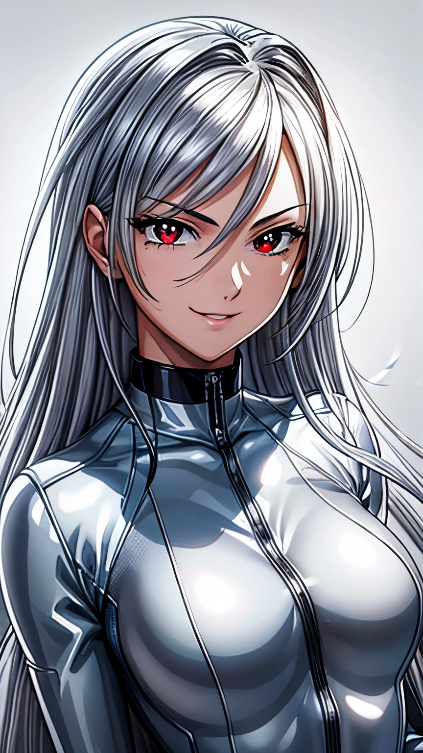 (masterpiece, best quality, ultra-detailed, highres, illustration:0.8), 5 8K UHD, silver latex suit, Beauty with shiny silver latex suit with hidden skin, (Upper body:1.0), extremely detailed wallpaper, official art, amazing, high detail, ultra-detailed, extremely detailed 8k wallpaper, wide shot, bright silver hair, red eyes with slit pupils, (white background:1.3), (1girl, solo), sexy, perfect anatomy, beautiful face, (light_Smile:1.0),