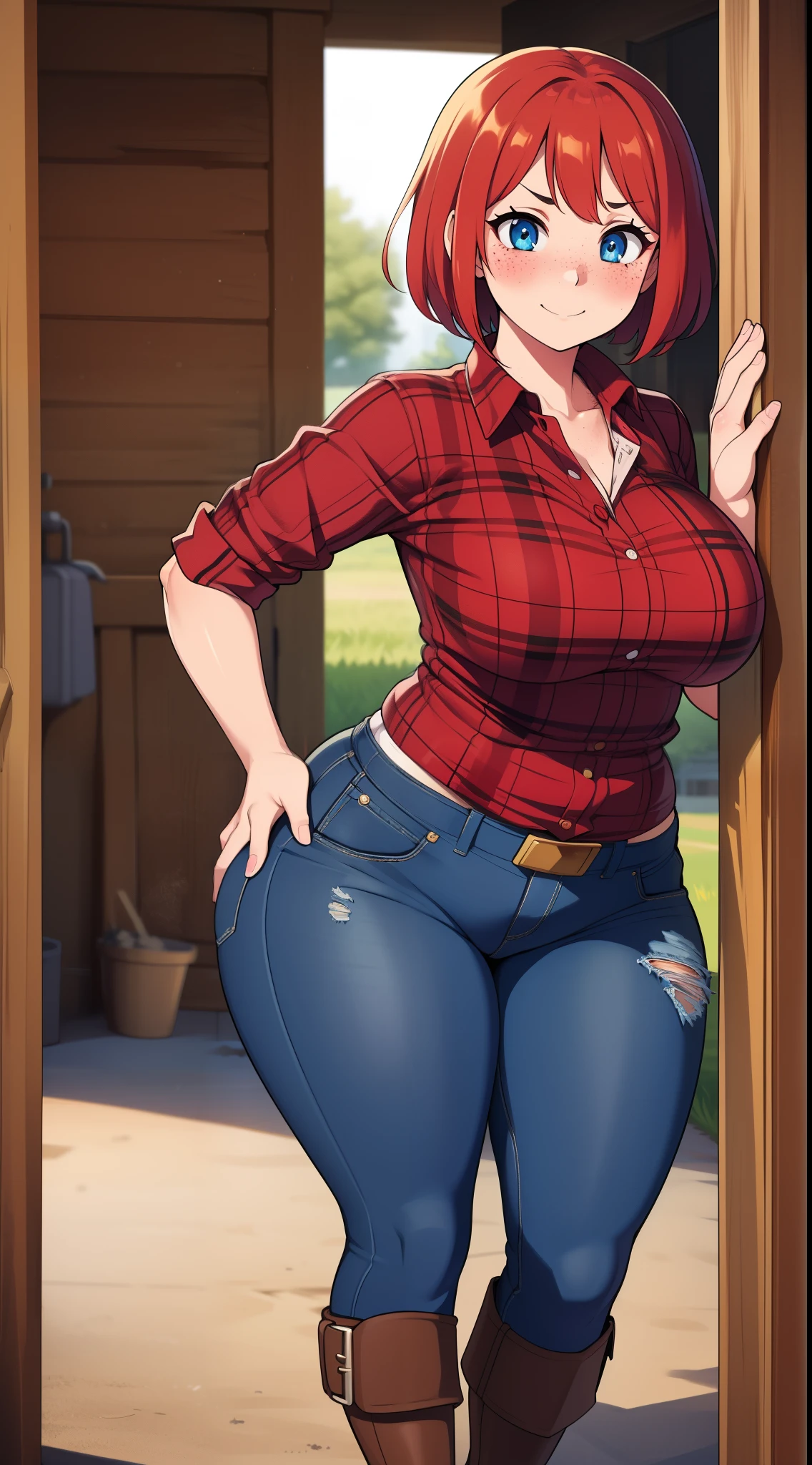  ((highres)), Masterpiece, high quality, best quality, beautiful, perfect lighting, detailed face, ultra cute face, ((1girl)), ((solo), short red hair, fluffy hair, blue eyes, freckles, (blush), affectionate smile, looking at viewer, hand on hip, arm at side, farm, daytime, flannel shirt, jeans, boots, (large breasts), perky breasts, wide hips, thick thighs, 