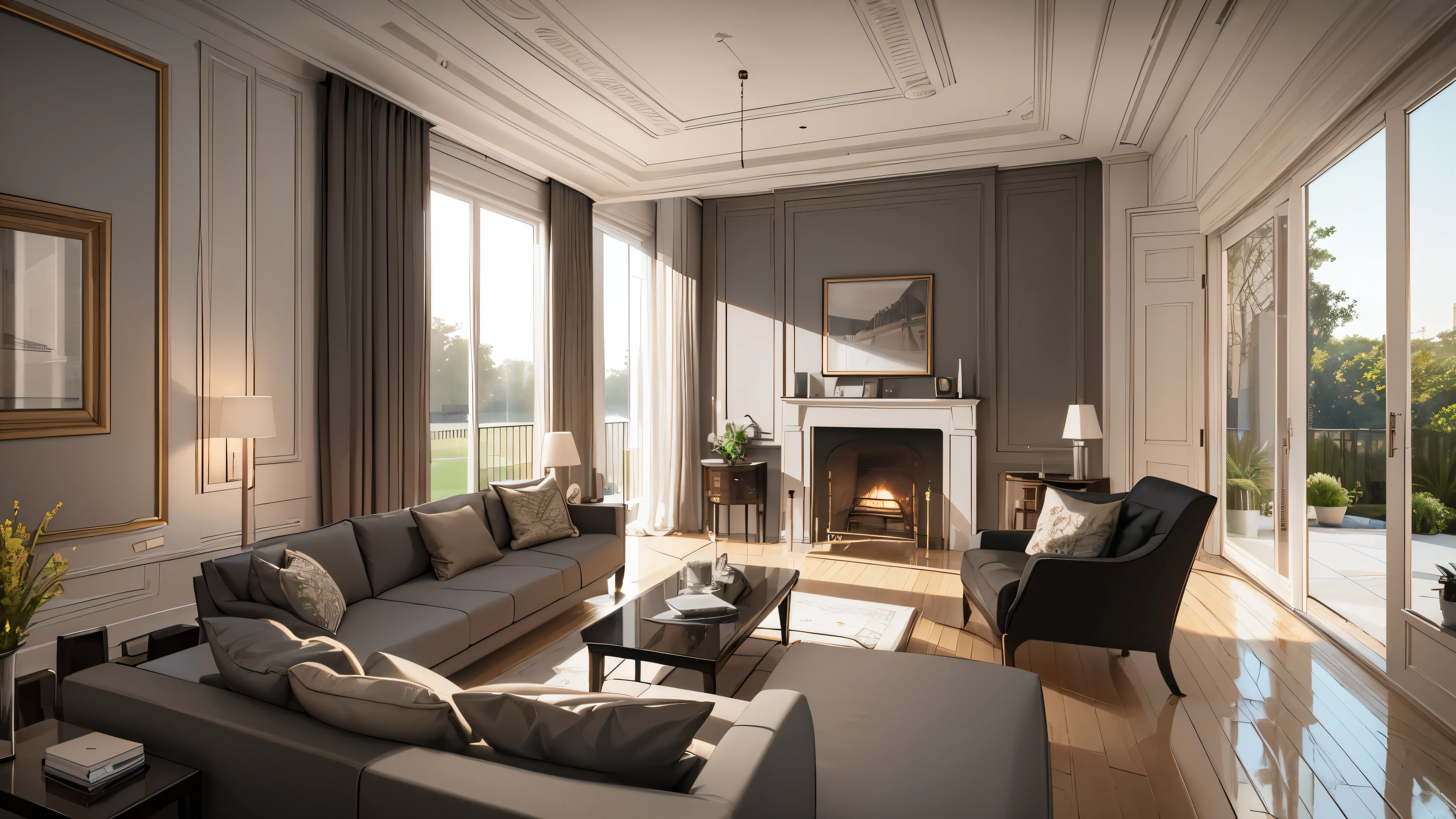 You are a famous interior designer、You have been asked to create a 3D image of a modern large room. Create a harmonious environment with modern and minimalist furniture. Including garden interior.