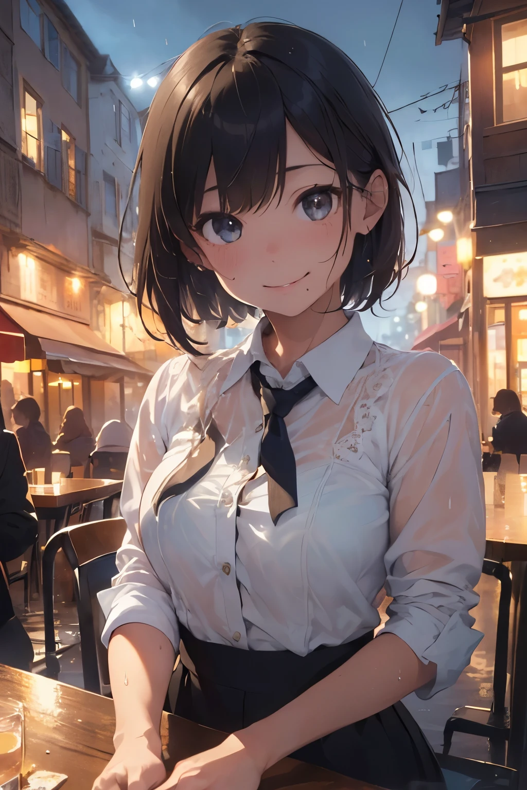 (8k, Best Quality, Masterpiece: 1.2), (Realistic, Photorealistic: 1.37), Super Detailed, 1 Girl, Cute, Alone, Beautiful Detailed Sky, Detailed Cafe, Night, Sitting, Date, ( Nose blush), (smile: 1.15), (close mouth) small breasts, beautiful details, (collared shirt: 1.1), night, wet, business wear, rain, white lace, (short hair: 1.2), floating Hair NovaFrogStyle,