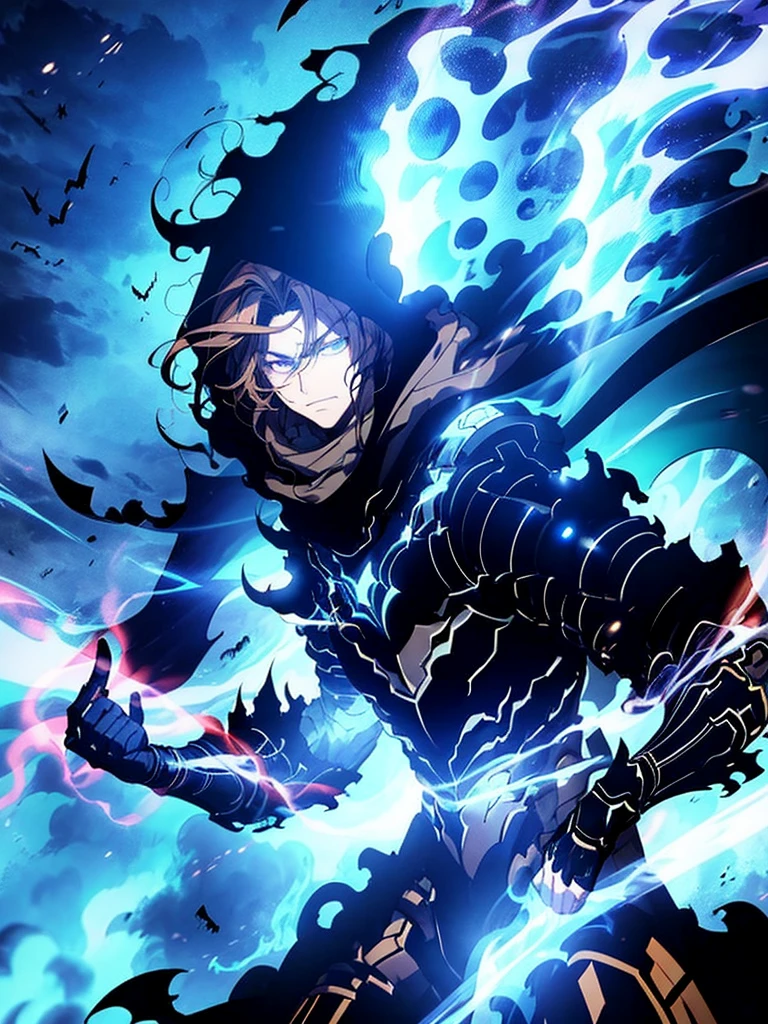 ultra HD 8k best quality,ultra-detailed,realistic:1.37,portrait,dark fantasy,anime,solo leveling,heroic character, one boy,Brown eyes, Brown hair, overcoat with hood, sharp focus,magical powers,mysterious aura,dynamic pose,threatening expression,glowing eyes,demonic presence,grim reaper cloak,detailed armor,enchanted weapon,dark background,eerie lighting,blue color palette,smoke effects,action scene,high contrast,fluid brush strokes,masterpiece:1.2