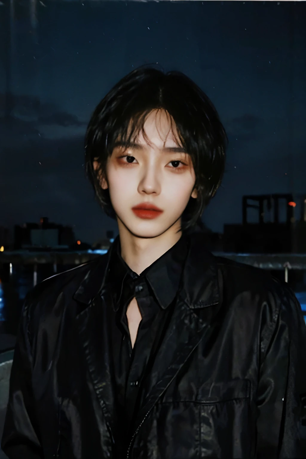 Young man, short hair, black hair, tall, thin, night, black jacket